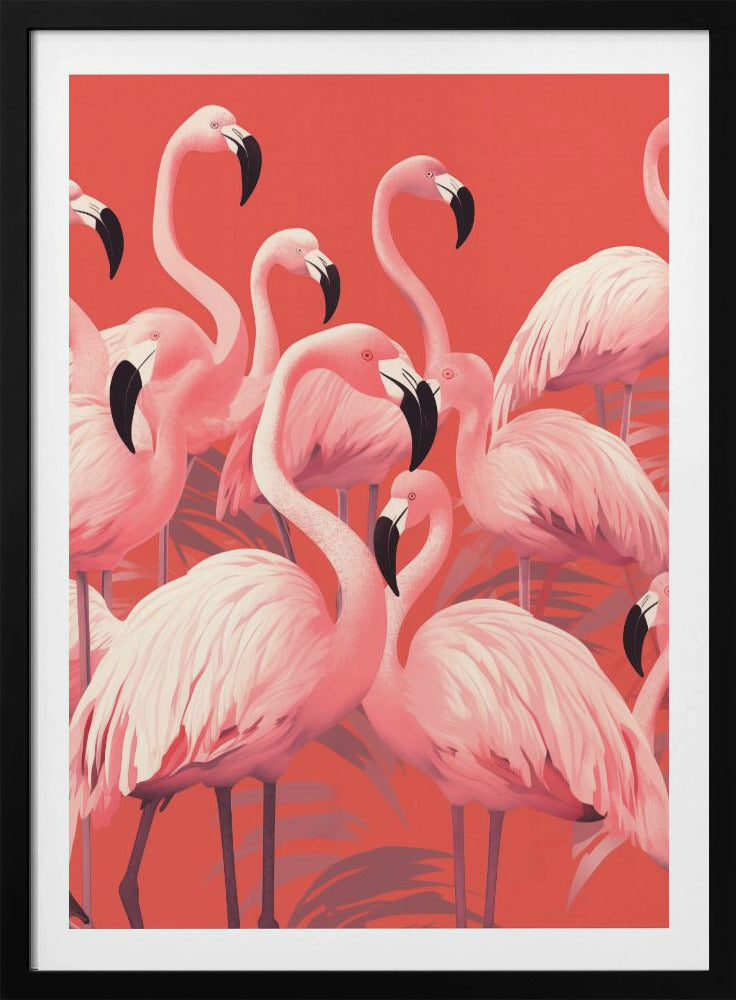 A vibrant, stylized art print featuring a dense flock of pink flamingos with black-tipped beaks against a solid coral background, framed in black. Artwork