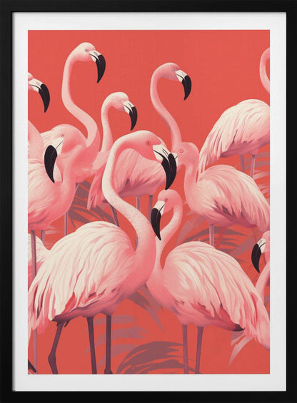 A vibrant, stylized art print featuring a dense flock of pink flamingos with black-tipped beaks against a solid coral background, framed in black. Artwork