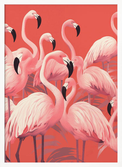 A vibrant, stylized art print featuring a dense flock of pink flamingos with black-tipped beaks against a solid coral background, framed in black. Artwork