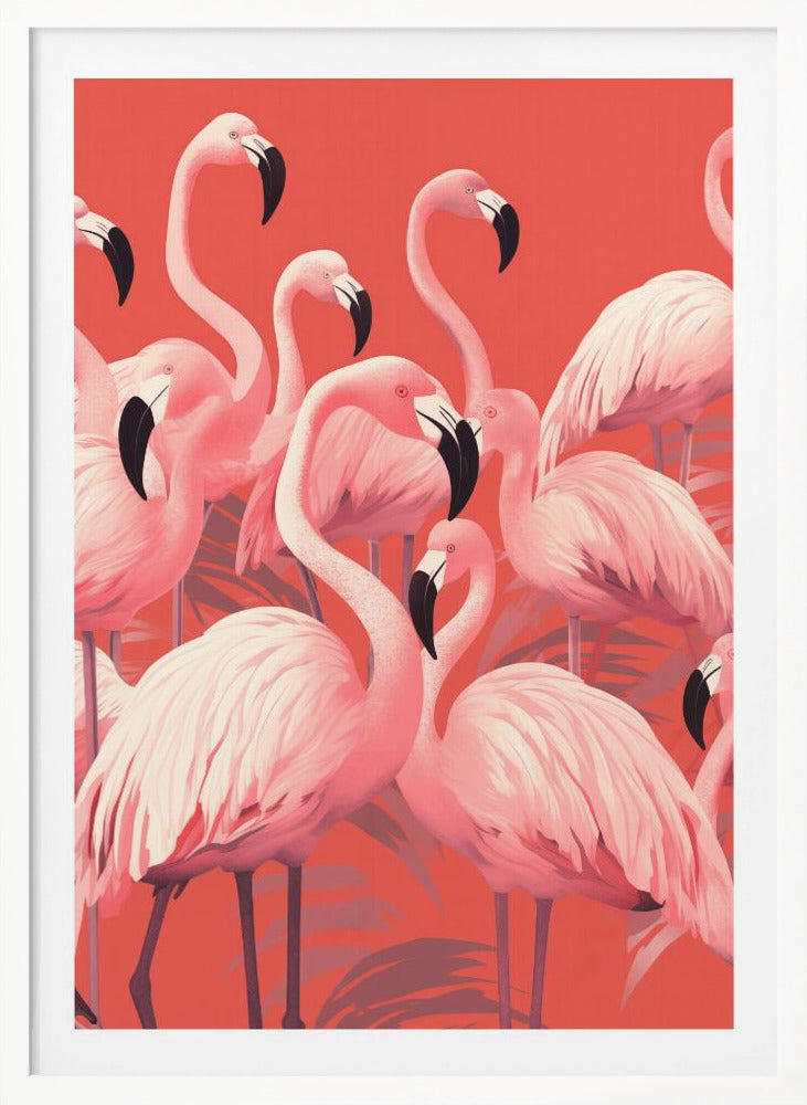 A vibrant, stylized art print featuring a dense flock of pink flamingos with black-tipped beaks against a solid coral background, framed in black. Artwork