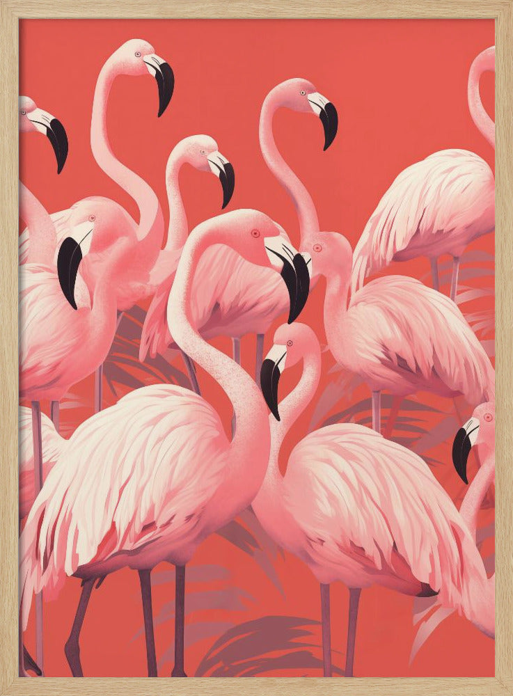 A vibrant, stylized art print featuring a dense flock of pink flamingos with black-tipped beaks against a solid coral background, framed in black. Artwork