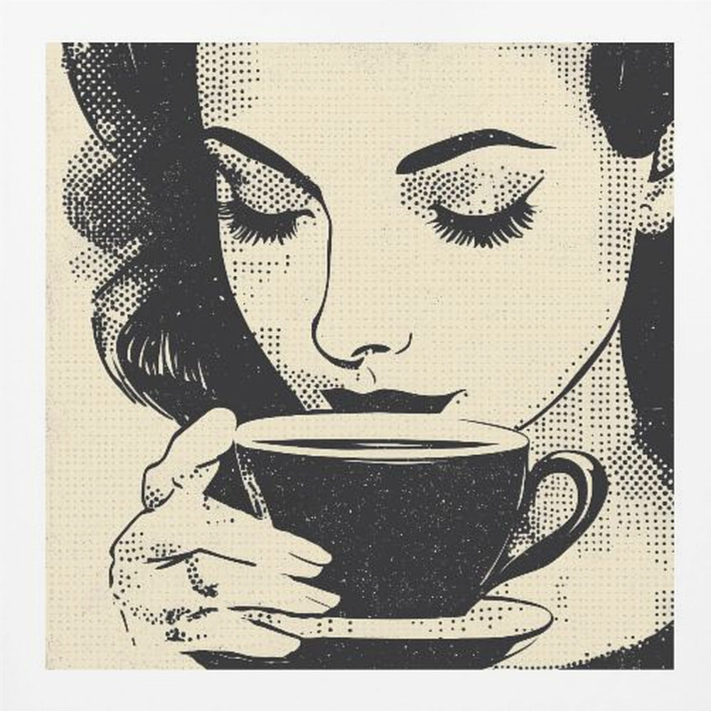 A pop art style illustration of a woman with dark hair and long eyelashes, her eyes closed as she holds a black coffee cup and saucer. The image uses a halftone dot pattern common in retro comics, set against a cream-colored background and framed in light wood. Print