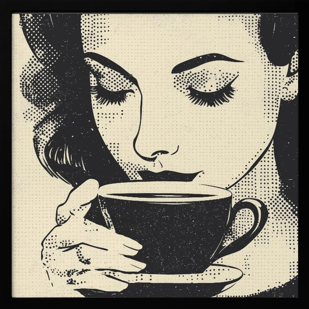 A pop art style illustration of a woman with dark hair and long eyelashes, her eyes closed as she holds a black coffee cup and saucer. The image uses a halftone dot pattern common in retro comics, set against a cream-colored background and framed in light wood. Print
