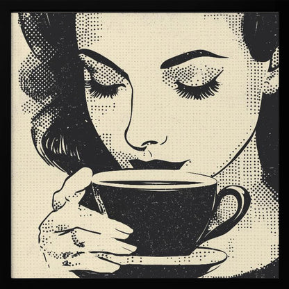A pop art style illustration of a woman with dark hair and long eyelashes, her eyes closed as she holds a black coffee cup and saucer. The image uses a halftone dot pattern common in retro comics, set against a cream-colored background and framed in light wood. Print
