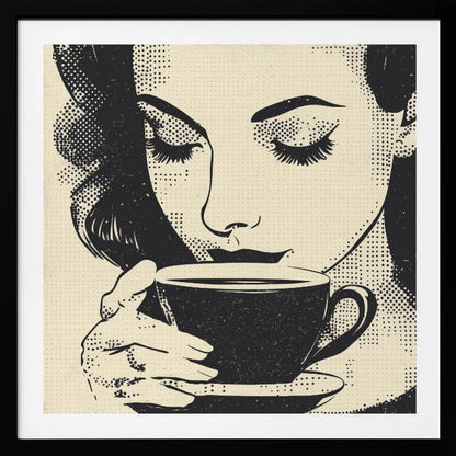 A pop art style illustration of a woman with dark hair and long eyelashes, her eyes closed as she holds a black coffee cup and saucer. The image uses a halftone dot pattern common in retro comics, set against a cream-colored background and framed in light wood. Print