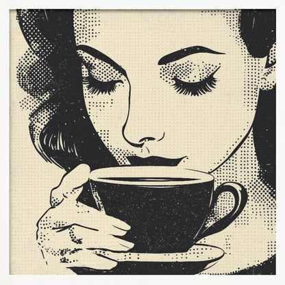 A pop art style illustration of a woman with dark hair and long eyelashes, her eyes closed as she holds a black coffee cup and saucer. The image uses a halftone dot pattern common in retro comics, set against a cream-colored background and framed in light wood. Print