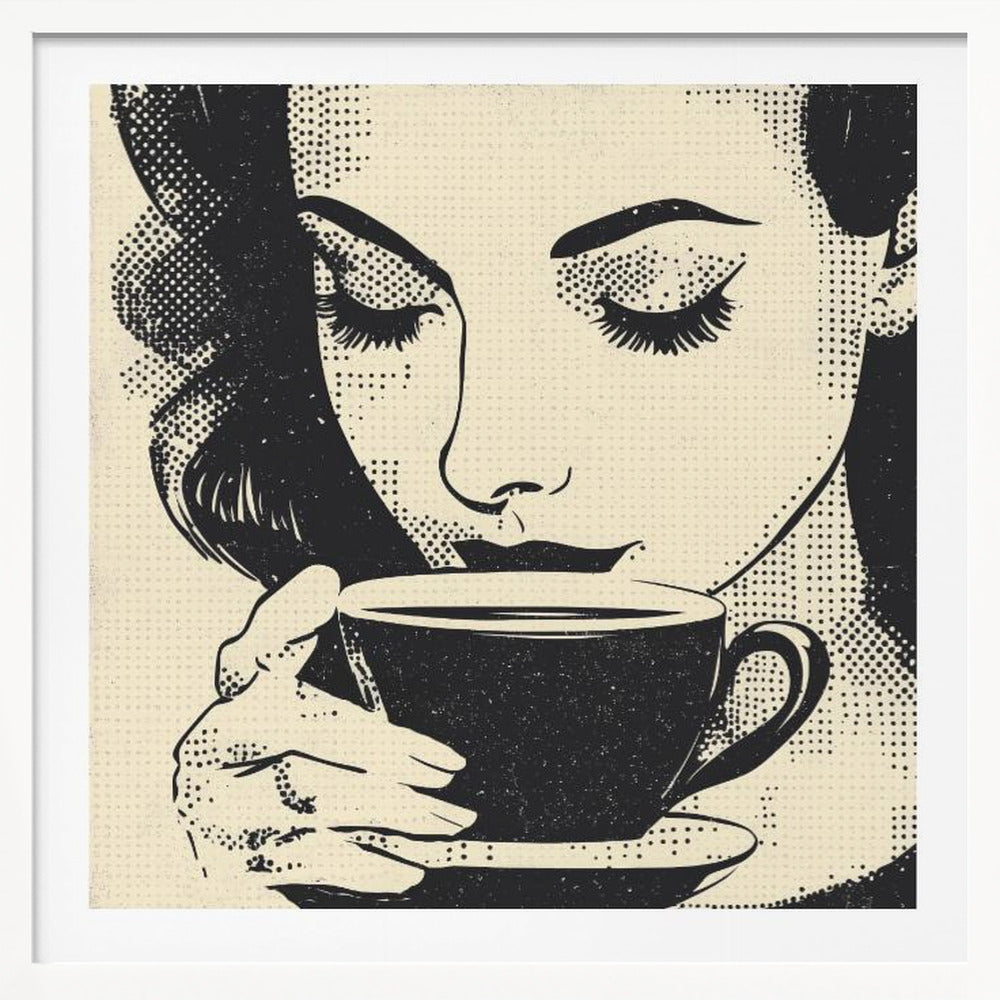 A pop art style illustration of a woman with dark hair and long eyelashes, her eyes closed as she holds a black coffee cup and saucer. The image uses a halftone dot pattern common in retro comics, set against a cream-colored background and framed in light wood. Print