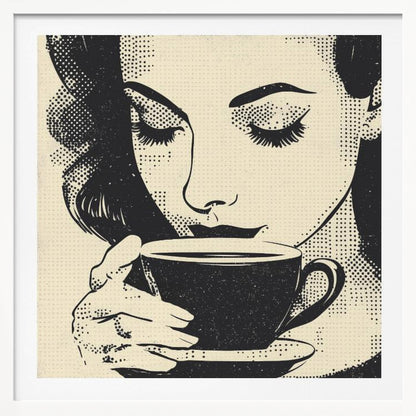 A pop art style illustration of a woman with dark hair and long eyelashes, her eyes closed as she holds a black coffee cup and saucer. The image uses a halftone dot pattern common in retro comics, set against a cream-colored background and framed in light wood. Print