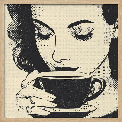 A pop art style illustration of a woman with dark hair and long eyelashes, her eyes closed as she holds a black coffee cup and saucer. The image uses a halftone dot pattern common in retro comics, set against a cream-colored background and framed in light wood. Print