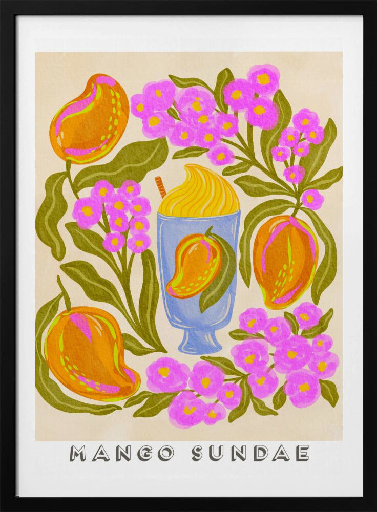 A colorful, stylized art print featuring a central blue glass filled with a yellow mango sundae. The glass is surrounded by lush orange mangoes, vibrant pink flowers with yellow centers, and dark green leaves on a cream-colored background. At the bottom, the words 'MANGO SUNDAE' are written in a bold, block font. Poster
