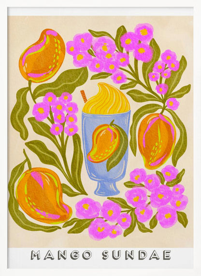 A colorful, stylized art print featuring a central blue glass filled with a yellow mango sundae. The glass is surrounded by lush orange mangoes, vibrant pink flowers with yellow centers, and dark green leaves on a cream-colored background. At the bottom, the words 'MANGO SUNDAE' are written in a bold, block font. Poster