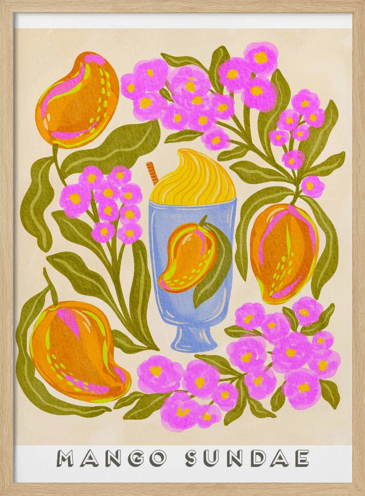 A colorful, stylized art print featuring a central blue glass filled with a yellow mango sundae. The glass is surrounded by lush orange mangoes, vibrant pink flowers with yellow centers, and dark green leaves on a cream-colored background. At the bottom, the words 'MANGO SUNDAE' are written in a bold, block font. Poster