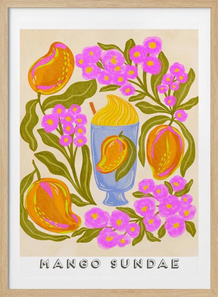 A colorful, stylized art print featuring a central blue glass filled with a yellow mango sundae. The glass is surrounded by lush orange mangoes, vibrant pink flowers with yellow centers, and dark green leaves on a cream-colored background. At the bottom, the words 'MANGO SUNDAE' are written in a bold, block font. Poster