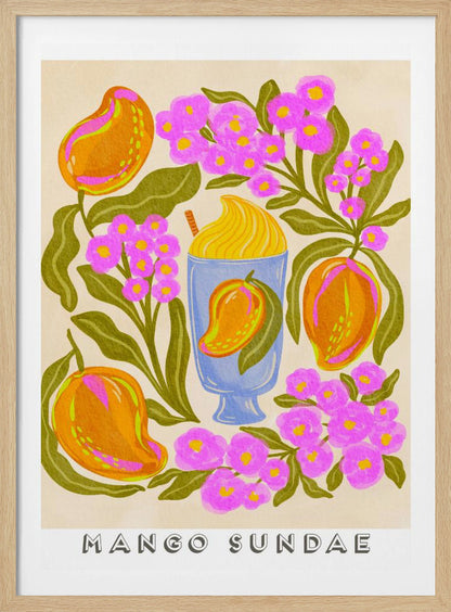 A colorful, stylized art print featuring a central blue glass filled with a yellow mango sundae. The glass is surrounded by lush orange mangoes, vibrant pink flowers with yellow centers, and dark green leaves on a cream-colored background. At the bottom, the words 'MANGO SUNDAE' are written in a bold, block font. Poster