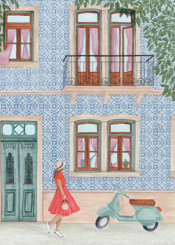 A watercolor illustration of a woman in a red dress and sun hat walking past a building with a blue and white patterned tile facade. A light green scooter is parked on the sidewalk, and the building features wooden windows with pink curtains, a teal door, and a second-story balcony. Print