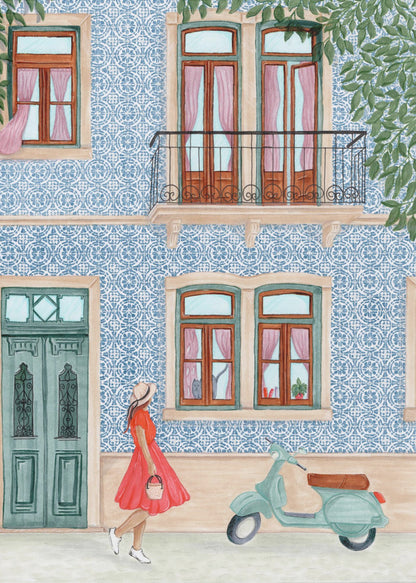 A watercolor illustration of a woman in a red dress and sun hat walking past a building with a blue and white patterned tile facade. A light green scooter is parked on the sidewalk, and the building features wooden windows with pink curtains, a teal door, and a second-story balcony. Print