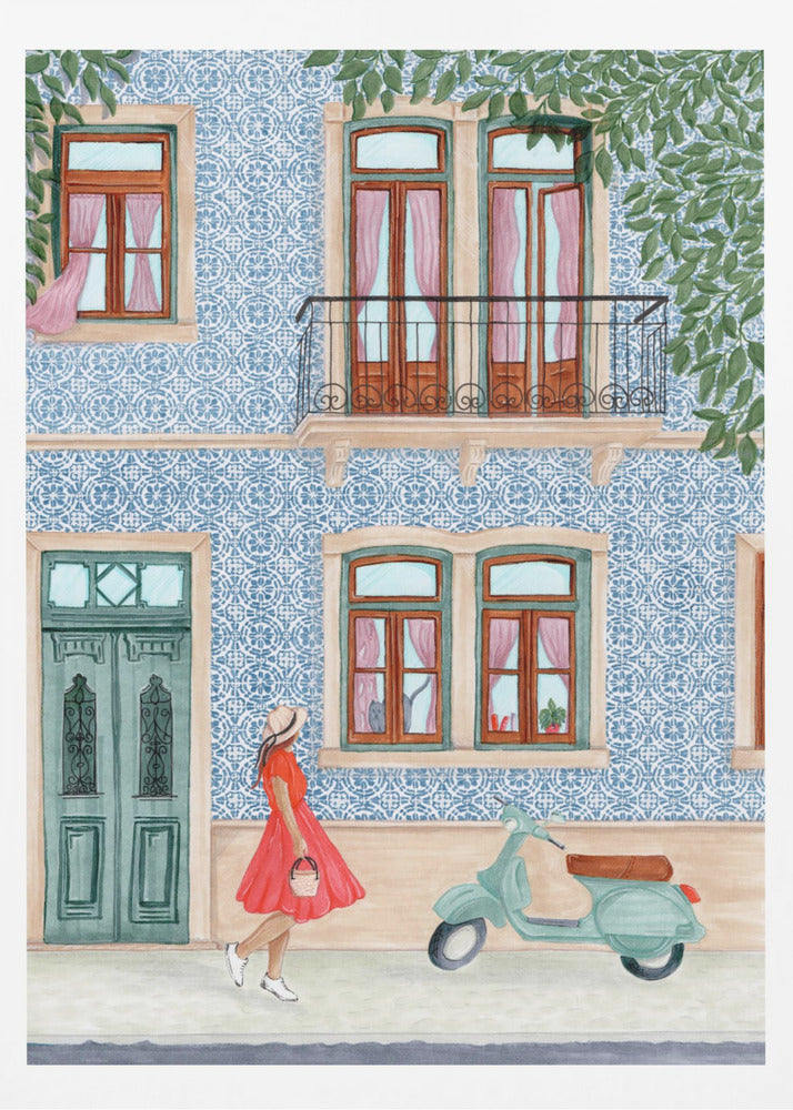 A watercolor illustration of a woman in a red dress and sun hat walking past a building with a blue and white patterned tile facade. A light green scooter is parked on the sidewalk, and the building features wooden windows with pink curtains, a teal door, and a second-story balcony. Print