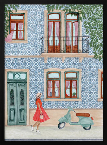 A watercolor illustration of a woman in a red dress and sun hat walking past a building with a blue and white patterned tile facade. A light green scooter is parked on the sidewalk, and the building features wooden windows with pink curtains, a teal door, and a second-story balcony. Print