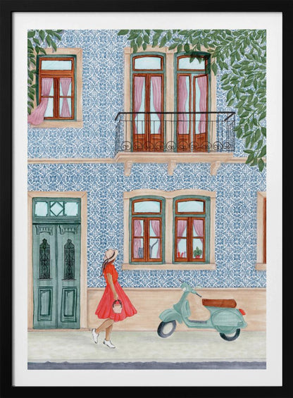 A watercolor illustration of a woman in a red dress and sun hat walking past a building with a blue and white patterned tile facade. A light green scooter is parked on the sidewalk, and the building features wooden windows with pink curtains, a teal door, and a second-story balcony. Print