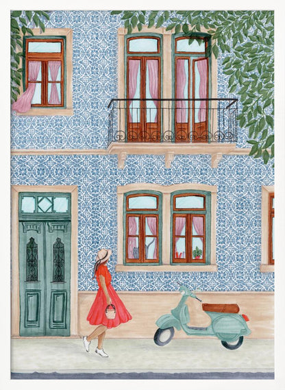 A watercolor illustration of a woman in a red dress and sun hat walking past a building with a blue and white patterned tile facade. A light green scooter is parked on the sidewalk, and the building features wooden windows with pink curtains, a teal door, and a second-story balcony. Print