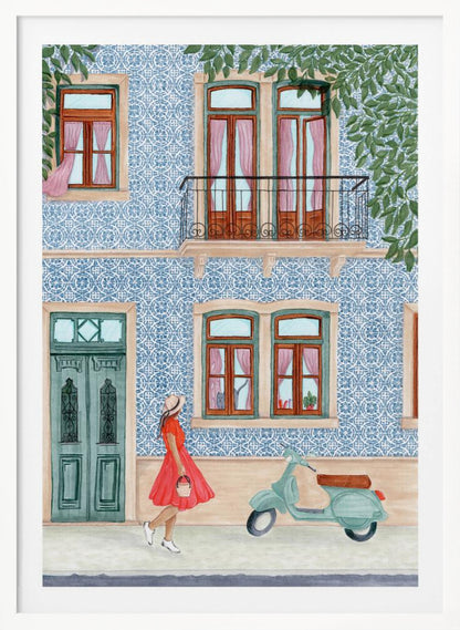 A watercolor illustration of a woman in a red dress and sun hat walking past a building with a blue and white patterned tile facade. A light green scooter is parked on the sidewalk, and the building features wooden windows with pink curtains, a teal door, and a second-story balcony. Print