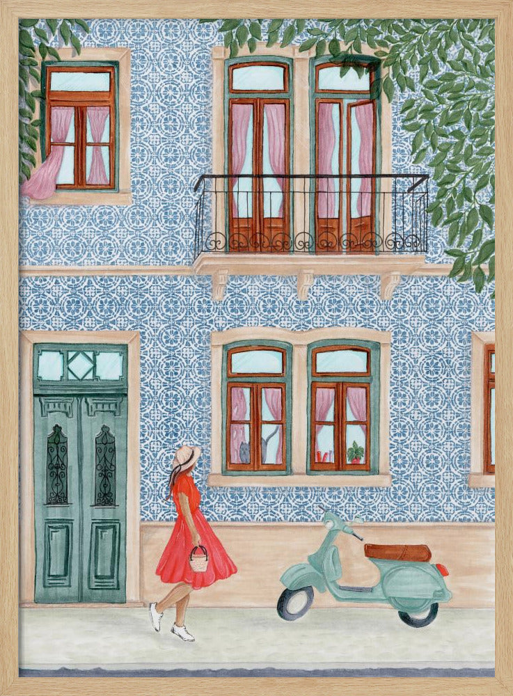 A watercolor illustration of a woman in a red dress and sun hat walking past a building with a blue and white patterned tile facade. A light green scooter is parked on the sidewalk, and the building features wooden windows with pink curtains, a teal door, and a second-story balcony. Print