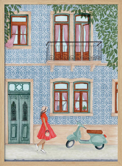 A watercolor illustration of a woman in a red dress and sun hat walking past a building with a blue and white patterned tile facade. A light green scooter is parked on the sidewalk, and the building features wooden windows with pink curtains, a teal door, and a second-story balcony. Print