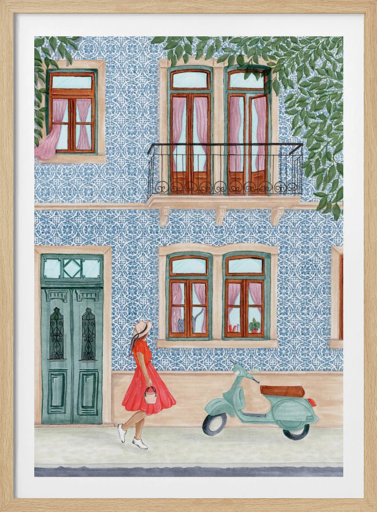 A watercolor illustration of a woman in a red dress and sun hat walking past a building with a blue and white patterned tile facade. A light green scooter is parked on the sidewalk, and the building features wooden windows with pink curtains, a teal door, and a second-story balcony. Print