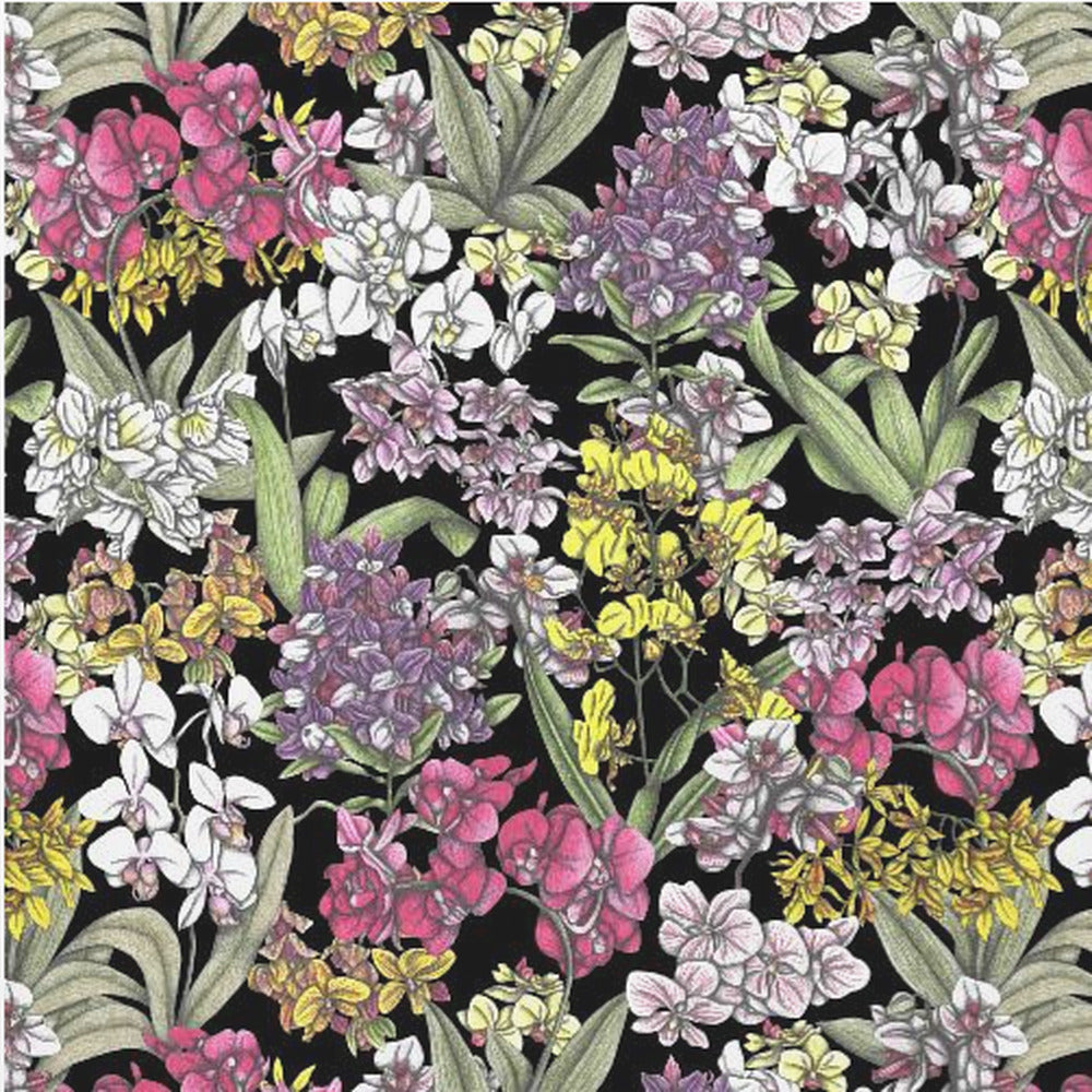 A vibrant, hand-drawn floral pattern of colorful orchids in pink, purple, yellow, and white. The dense botanical illustration, with its lush green leaves, is set against a stark black background, all enclosed within a light wood frame. Artwork