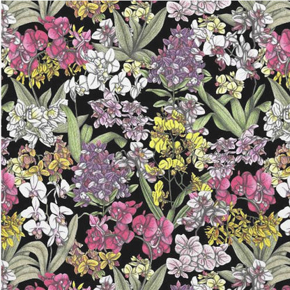 A vibrant, hand-drawn floral pattern of colorful orchids in pink, purple, yellow, and white. The dense botanical illustration, with its lush green leaves, is set against a stark black background, all enclosed within a light wood frame. Artwork