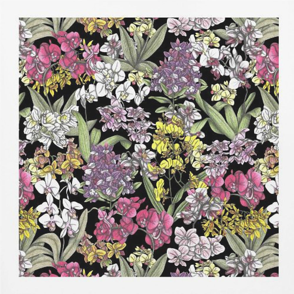 A vibrant, hand-drawn floral pattern of colorful orchids in pink, purple, yellow, and white. The dense botanical illustration, with its lush green leaves, is set against a stark black background, all enclosed within a light wood frame. Artwork