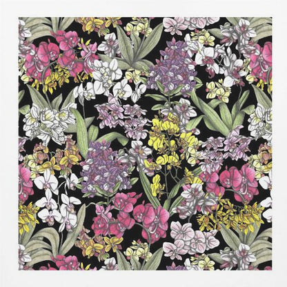 A vibrant, hand-drawn floral pattern of colorful orchids in pink, purple, yellow, and white. The dense botanical illustration, with its lush green leaves, is set against a stark black background, all enclosed within a light wood frame. Artwork