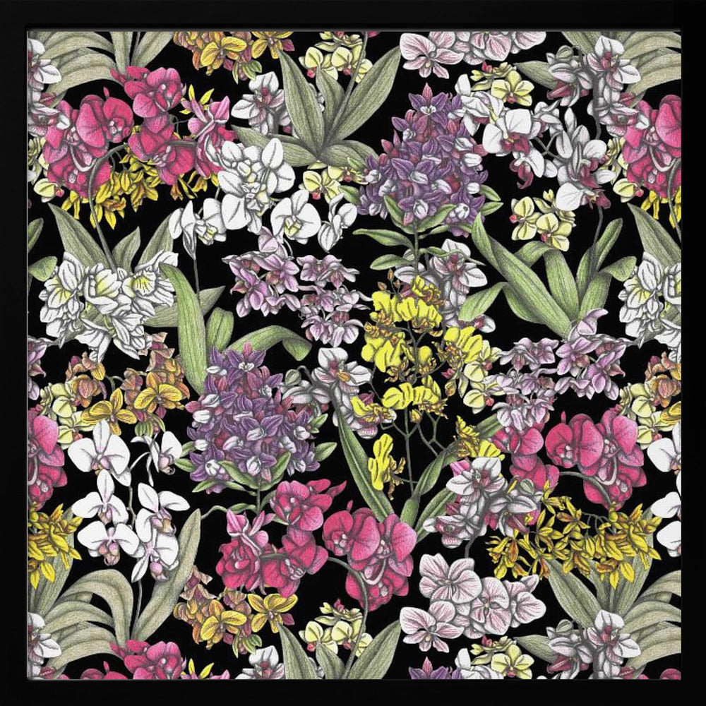 A vibrant, hand-drawn floral pattern of colorful orchids in pink, purple, yellow, and white. The dense botanical illustration, with its lush green leaves, is set against a stark black background, all enclosed within a light wood frame. Artwork