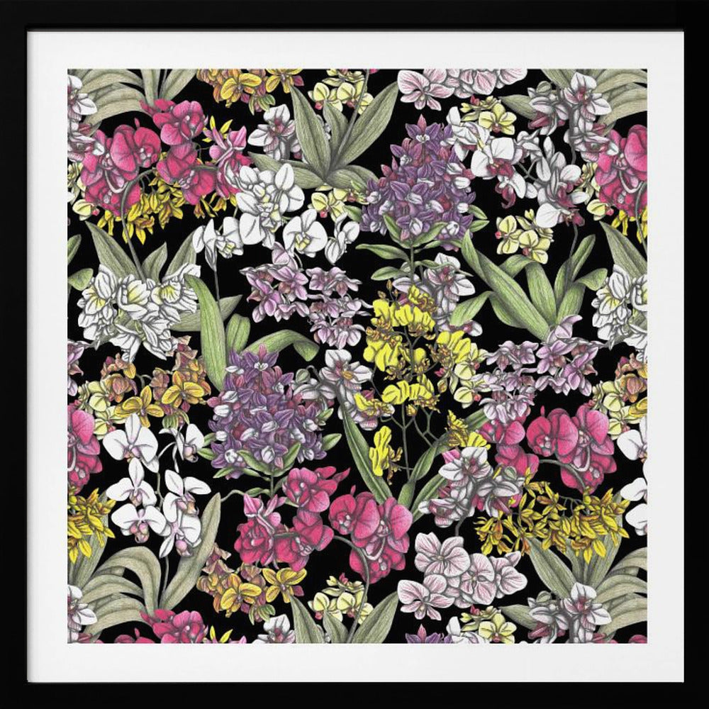 A vibrant, hand-drawn floral pattern of colorful orchids in pink, purple, yellow, and white. The dense botanical illustration, with its lush green leaves, is set against a stark black background, all enclosed within a light wood frame. Artwork