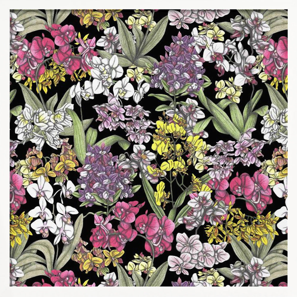 A vibrant, hand-drawn floral pattern of colorful orchids in pink, purple, yellow, and white. The dense botanical illustration, with its lush green leaves, is set against a stark black background, all enclosed within a light wood frame. Artwork