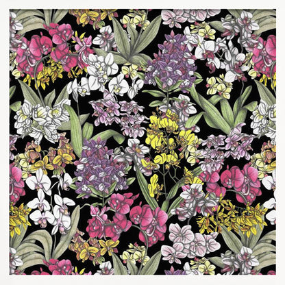 A vibrant, hand-drawn floral pattern of colorful orchids in pink, purple, yellow, and white. The dense botanical illustration, with its lush green leaves, is set against a stark black background, all enclosed within a light wood frame. Artwork