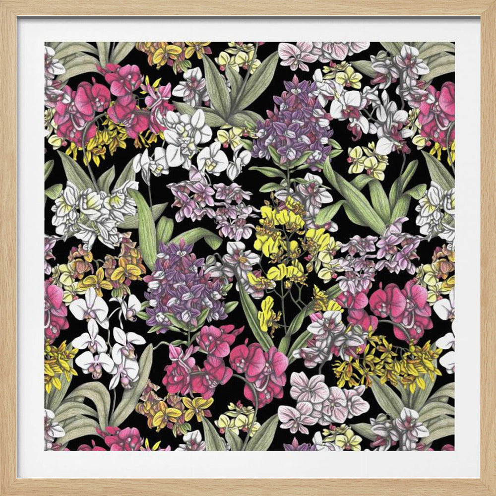 A vibrant, hand-drawn floral pattern of colorful orchids in pink, purple, yellow, and white. The dense botanical illustration, with its lush green leaves, is set against a stark black background, all enclosed within a light wood frame. Artwork
