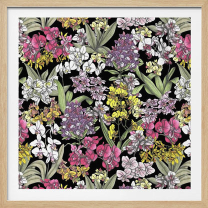 A vibrant, hand-drawn floral pattern of colorful orchids in pink, purple, yellow, and white. The dense botanical illustration, with its lush green leaves, is set against a stark black background, all enclosed within a light wood frame. Artwork