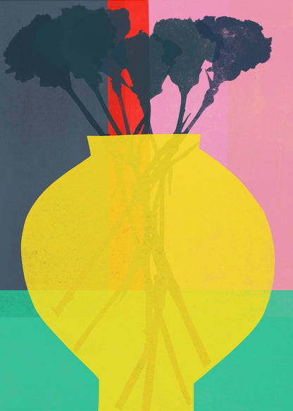 An abstract art print depicting a still life. A large, vibrant yellow vase sits in the foreground, holding the dark silhouette of a bouquet of flowers. The background is sectioned into bold, vertical color blocks of dark blue, red, and pink, with a teal surface at the bottom. Decor