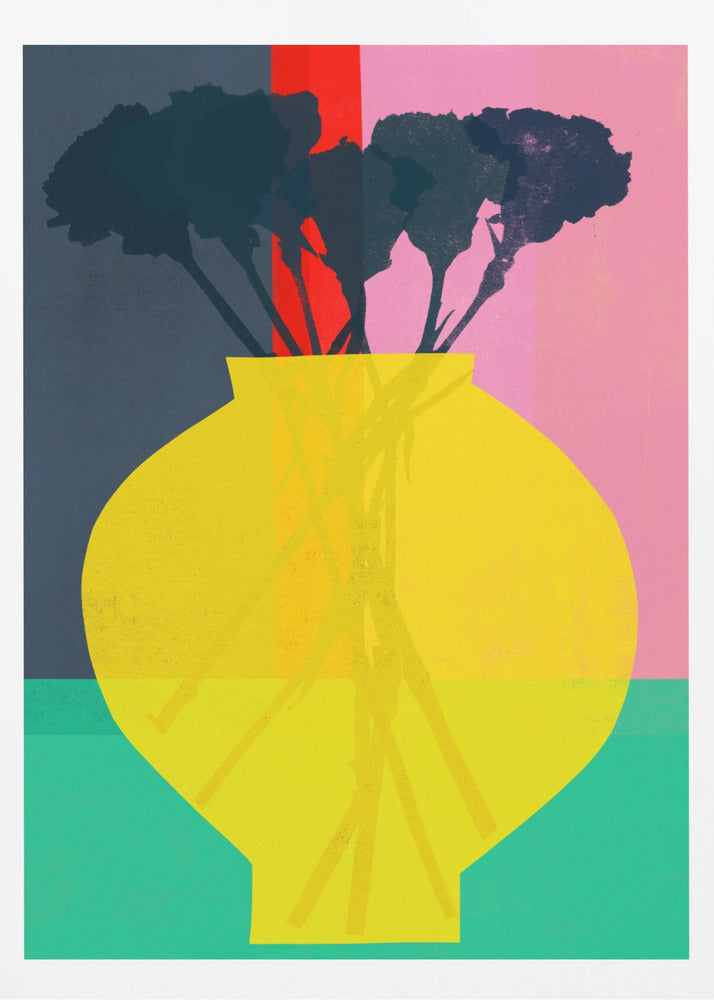 An abstract art print depicting a still life. A large, vibrant yellow vase sits in the foreground, holding the dark silhouette of a bouquet of flowers. The background is sectioned into bold, vertical color blocks of dark blue, red, and pink, with a teal surface at the bottom. Decor