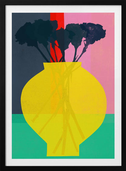 An abstract art print depicting a still life. A large, vibrant yellow vase sits in the foreground, holding the dark silhouette of a bouquet of flowers. The background is sectioned into bold, vertical color blocks of dark blue, red, and pink, with a teal surface at the bottom. Decor