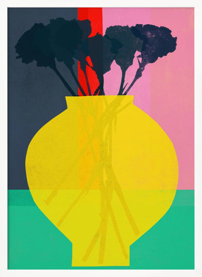 An abstract art print depicting a still life. A large, vibrant yellow vase sits in the foreground, holding the dark silhouette of a bouquet of flowers. The background is sectioned into bold, vertical color blocks of dark blue, red, and pink, with a teal surface at the bottom. Decor