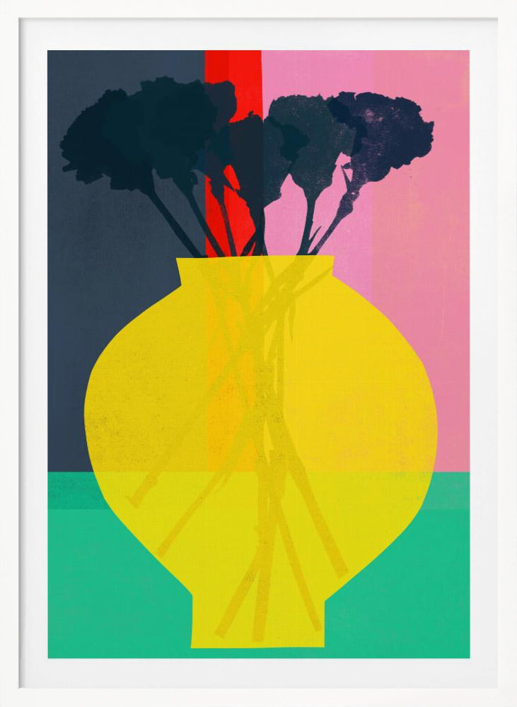 An abstract art print depicting a still life. A large, vibrant yellow vase sits in the foreground, holding the dark silhouette of a bouquet of flowers. The background is sectioned into bold, vertical color blocks of dark blue, red, and pink, with a teal surface at the bottom. Decor