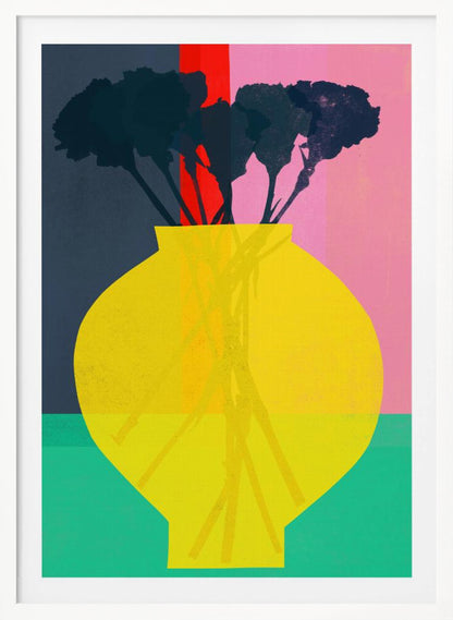 An abstract art print depicting a still life. A large, vibrant yellow vase sits in the foreground, holding the dark silhouette of a bouquet of flowers. The background is sectioned into bold, vertical color blocks of dark blue, red, and pink, with a teal surface at the bottom. Decor