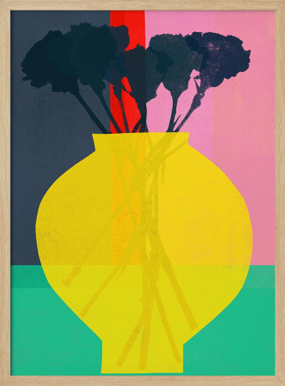 An abstract art print depicting a still life. A large, vibrant yellow vase sits in the foreground, holding the dark silhouette of a bouquet of flowers. The background is sectioned into bold, vertical color blocks of dark blue, red, and pink, with a teal surface at the bottom. Decor