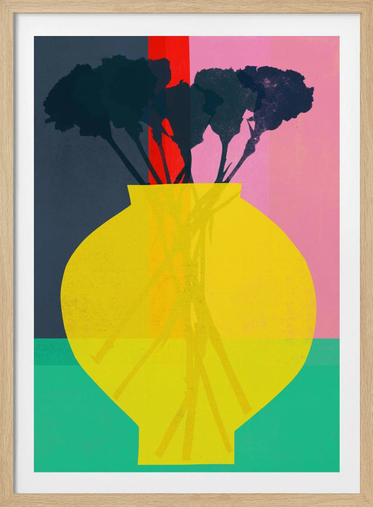 An abstract art print depicting a still life. A large, vibrant yellow vase sits in the foreground, holding the dark silhouette of a bouquet of flowers. The background is sectioned into bold, vertical color blocks of dark blue, red, and pink, with a teal surface at the bottom. Decor