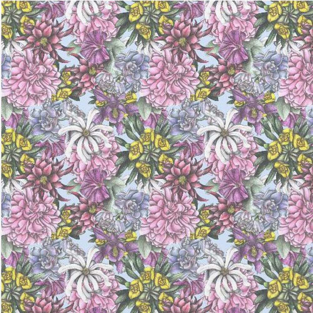 A framed artwork displaying a dense, repeating floral pattern with detailed illustrations of pink, purple, blue, white, and yellow flowers on a light blue background, encased in a simple light wood frame. Decor