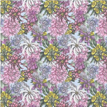 A framed artwork displaying a dense, repeating floral pattern with detailed illustrations of pink, purple, blue, white, and yellow flowers on a light blue background, encased in a simple light wood frame. Decor