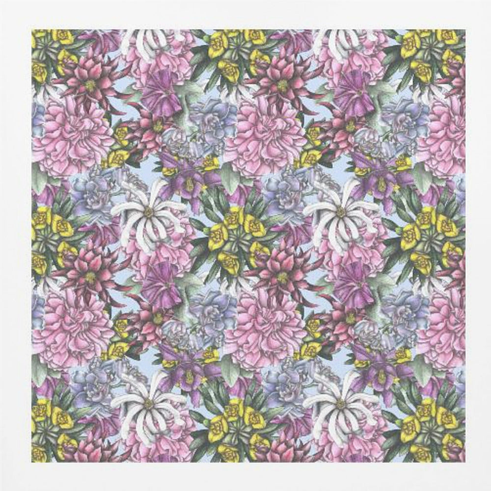 A framed artwork displaying a dense, repeating floral pattern with detailed illustrations of pink, purple, blue, white, and yellow flowers on a light blue background, encased in a simple light wood frame. Decor