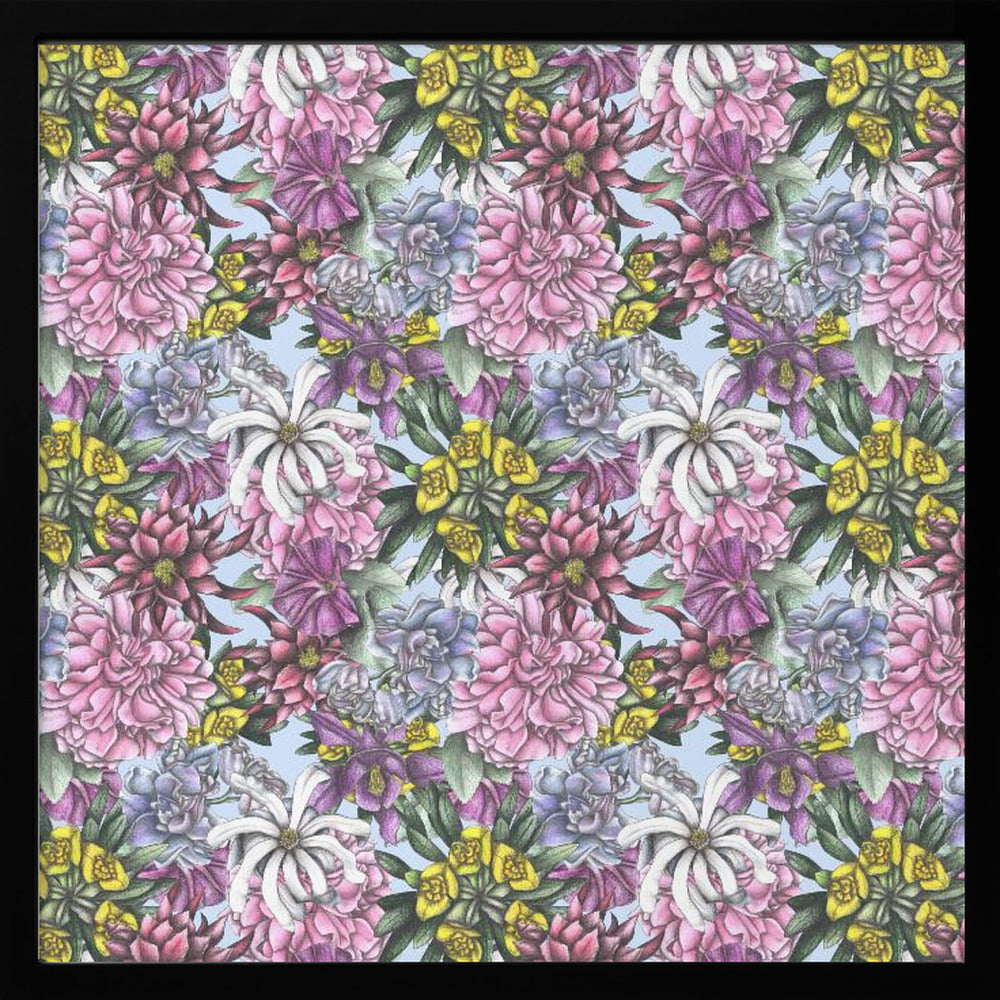 A framed artwork displaying a dense, repeating floral pattern with detailed illustrations of pink, purple, blue, white, and yellow flowers on a light blue background, encased in a simple light wood frame. Decor